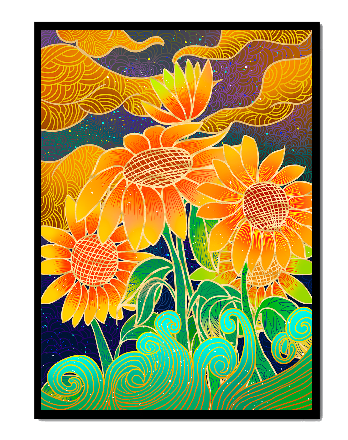 Vibrant sunflowers with intricate background patterns