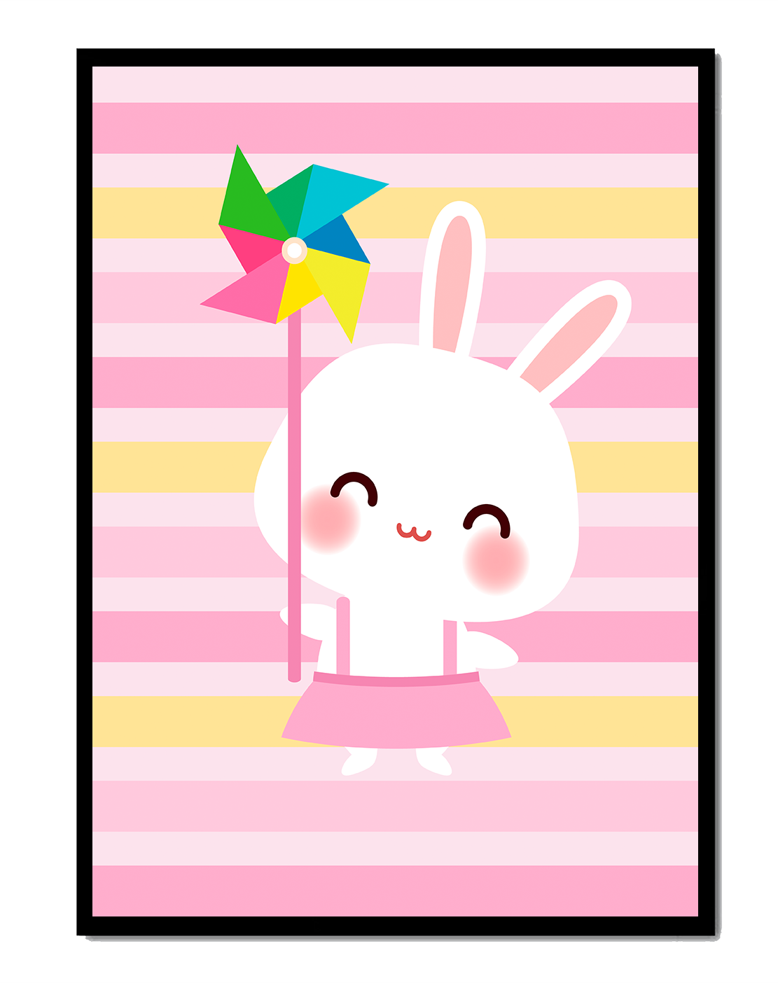 Adorable bunny with pinwheel on pastel striped backdrop