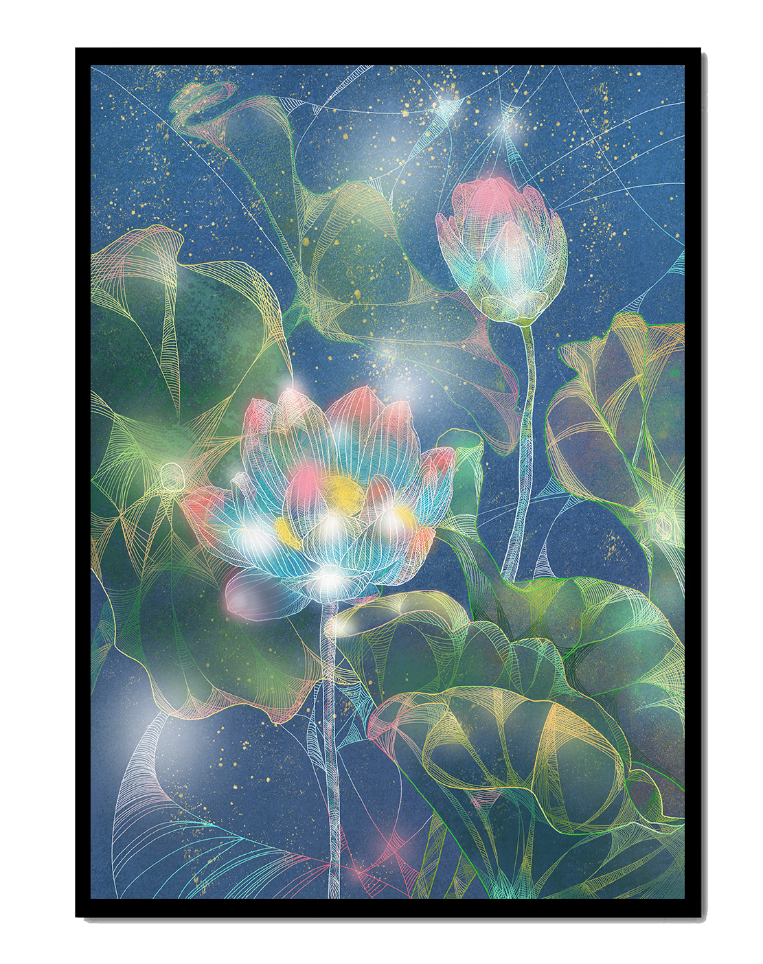 Bunte Lotusblumen mit abstraktem kosmischen Hintergrund