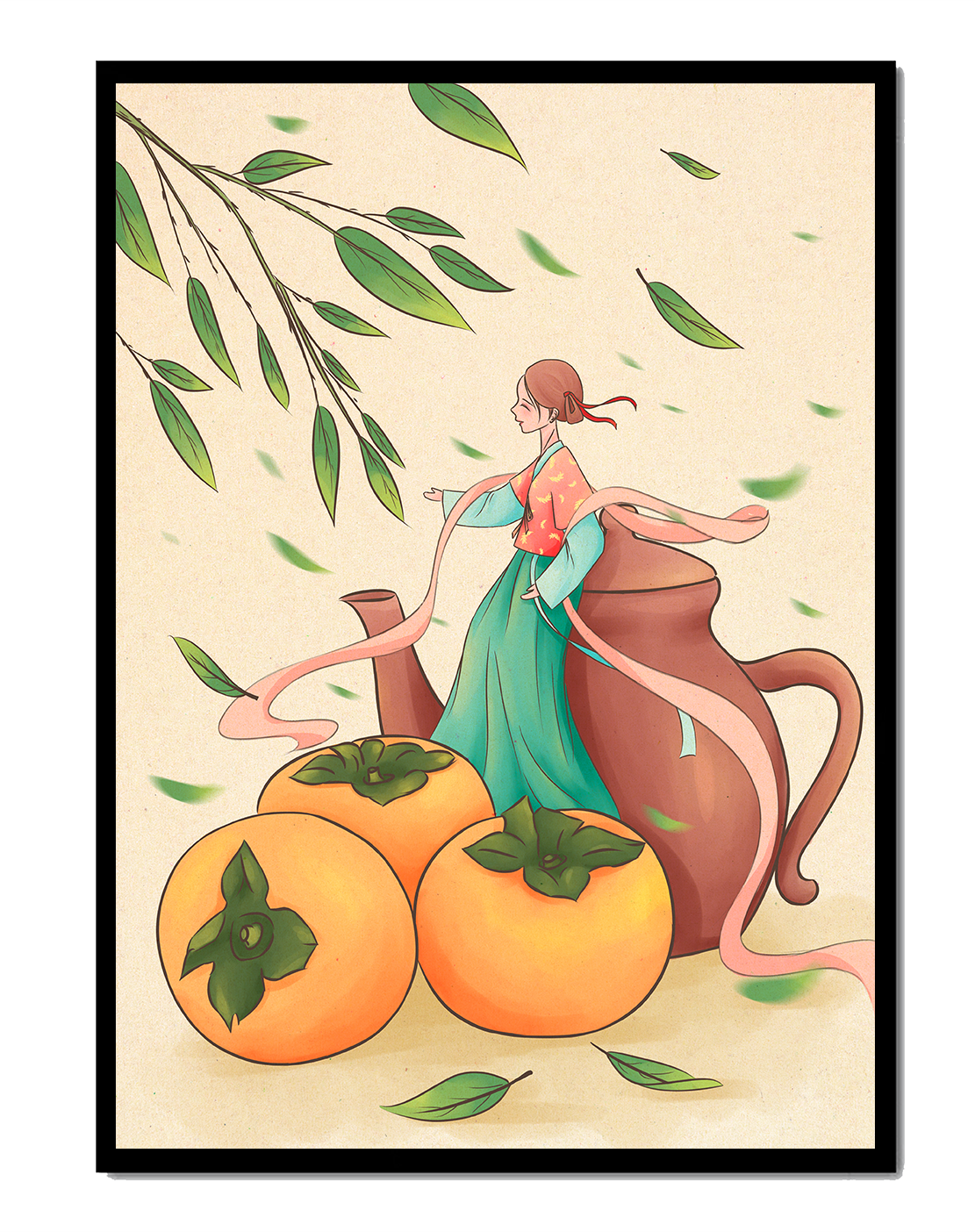 Whimsical scene with a woman in traditional attire among persimmons and leaves