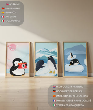 Affiche de pingouins sur plancher en bois