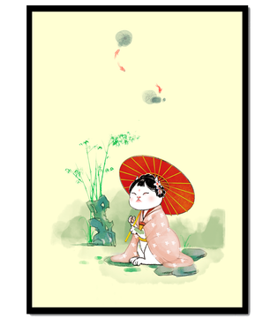 Cat in Traditional Japanese Dress with Umbrella in Zen Garden - Mi tienda