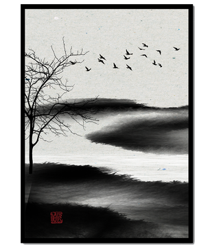 Minimalist Landscape with Silhouetted Tree and Birds