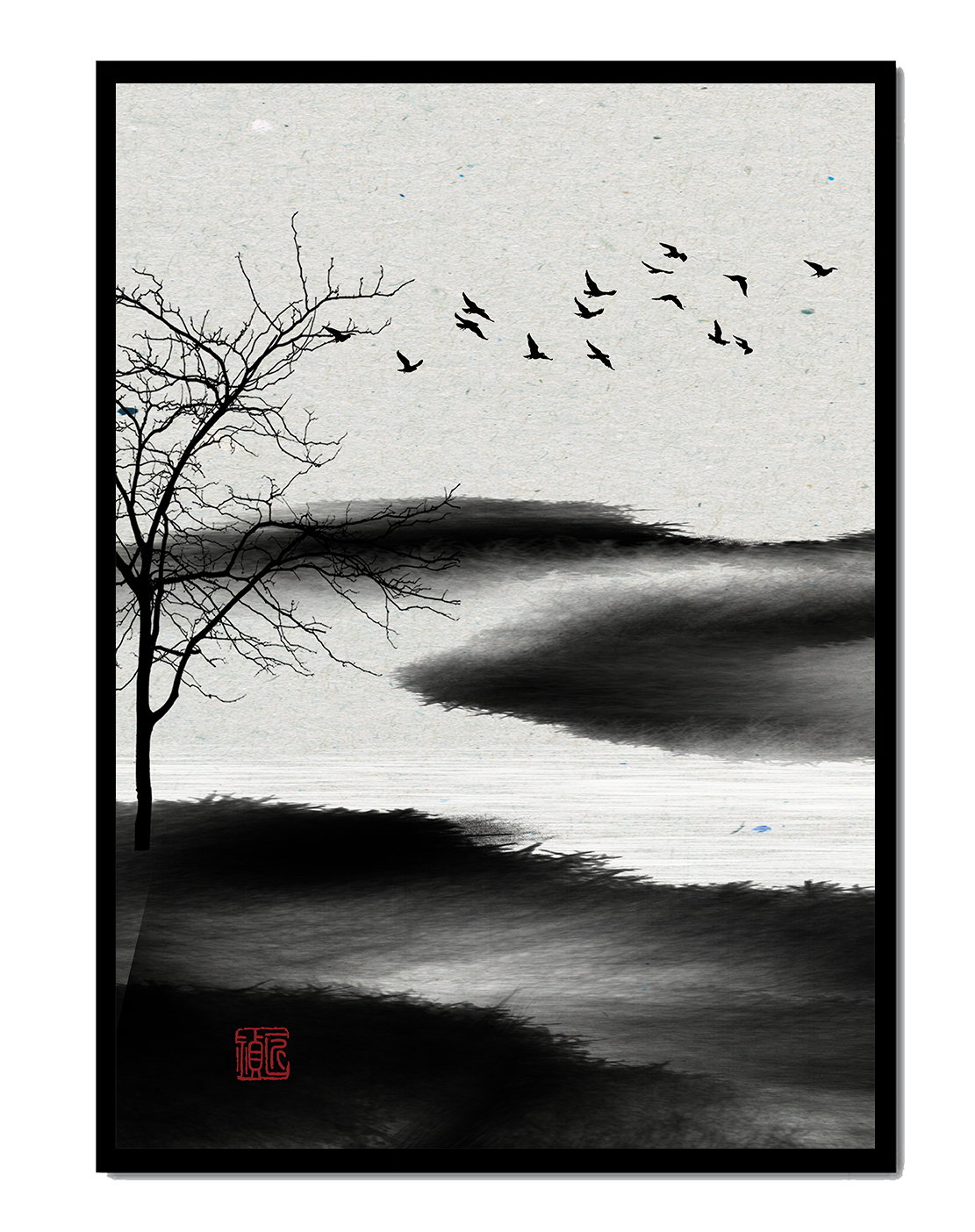 Paisaje minimalista con siluetas de árboles y pájaros