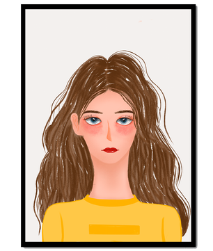 Illustrated portrait of a woman with long brown hair and expressive eyes