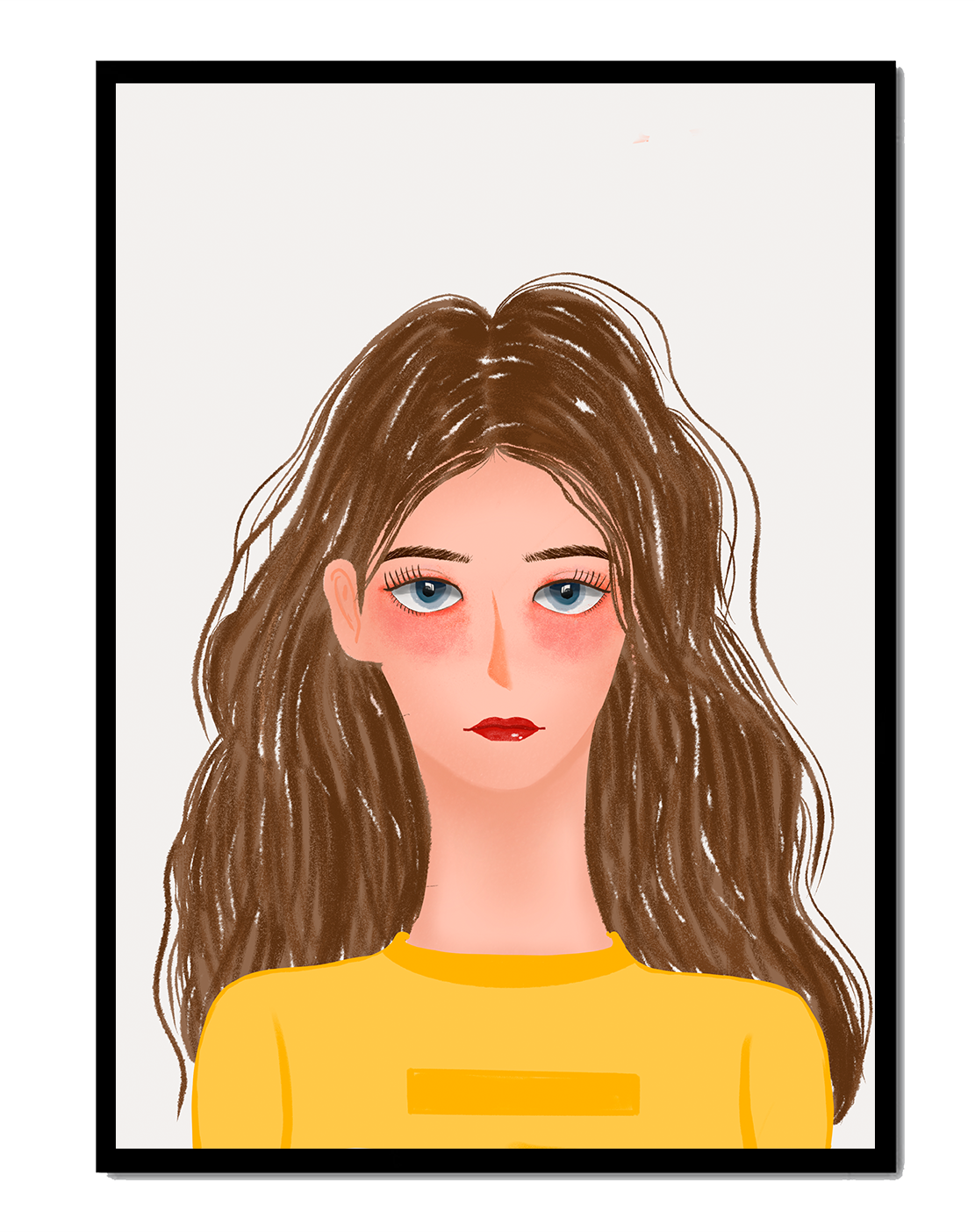 Illustrated portrait of a woman with long brown hair and expressive eyes