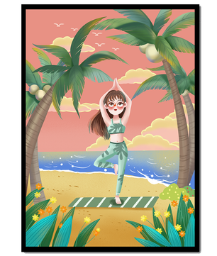 Escena de yoga tranquila en una playa tropical al atardecer