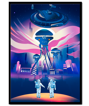 Futuristic Space City With Alien Creatures and Astronauts