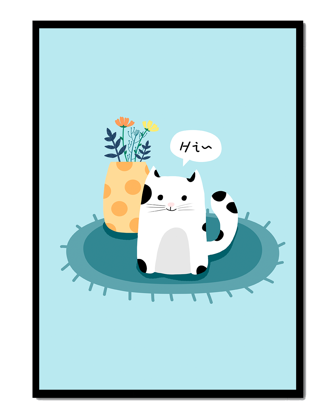 Cute illustration of a cat and flowers on a rug with a speech bubble