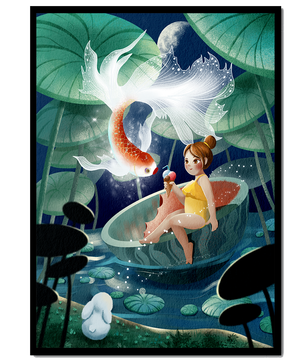 Illustration imaginative d'une fille avec un poisson et un lapin sous des nénuphars illuminés par la lune