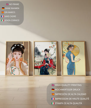 Art numérique avec motifs asiatiques et illustrations de femmes