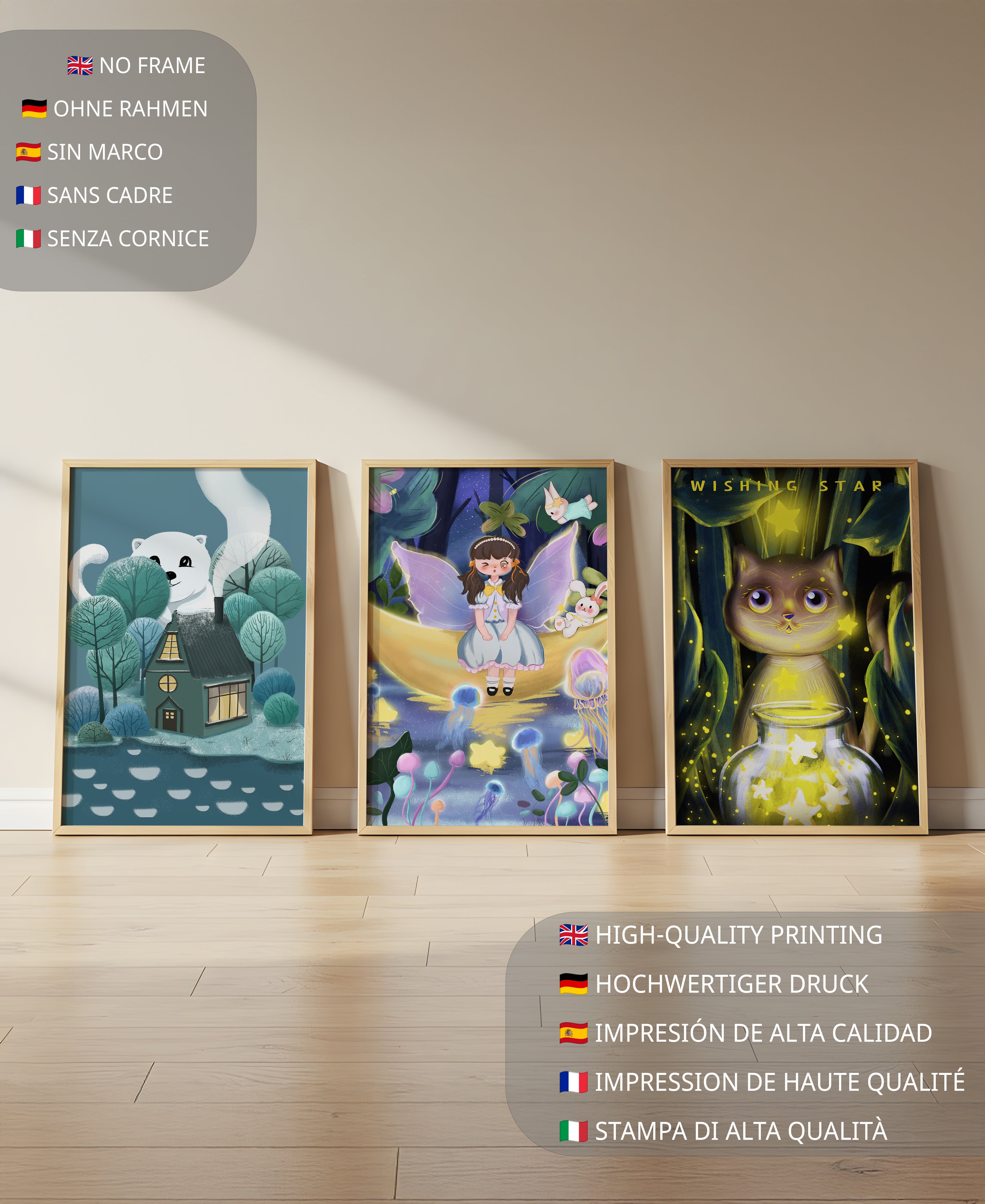 Mur avec trois tableaux artistiques sans cadre dans un environnement lumineux