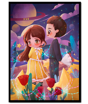 Ilustración de pareja romántica con estrellas y rosas en un entorno nocturno mágico