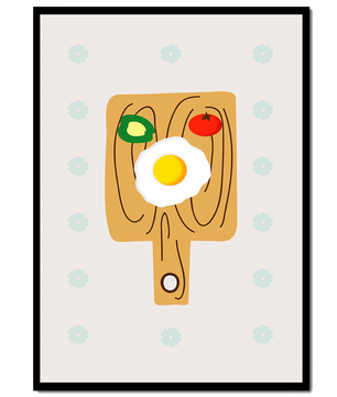 Ilustración de una escena de desayuno con huevo, aguacate y tomate sobre tabla de madera