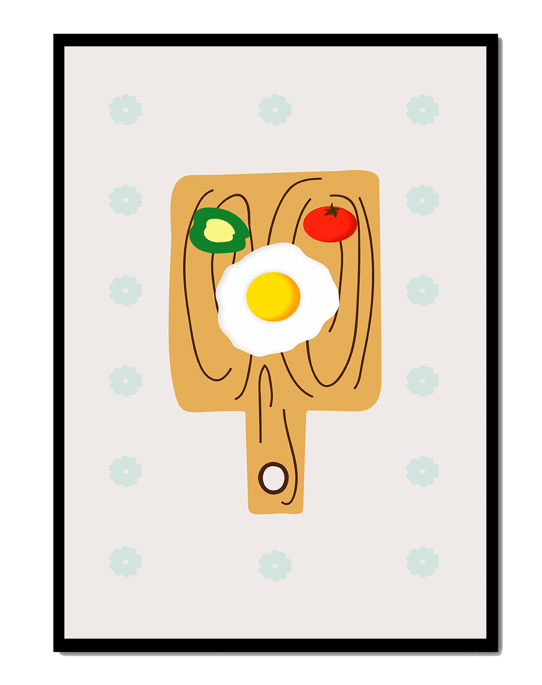 Ilustración de una escena de desayuno con huevo, aguacate y tomate sobre tabla de madera