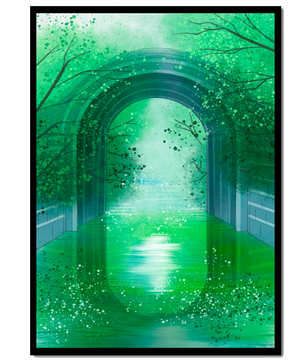 Un túnel de jardín verde sereno con agua reflectante