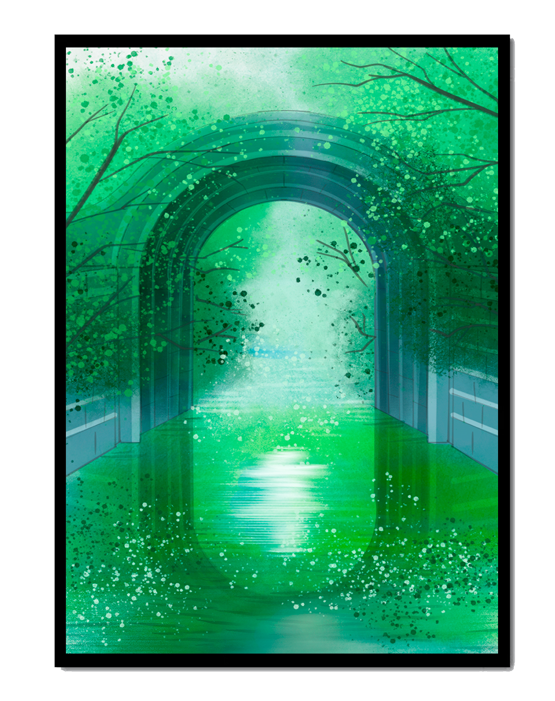 A serene green garden tunnel with reflective water