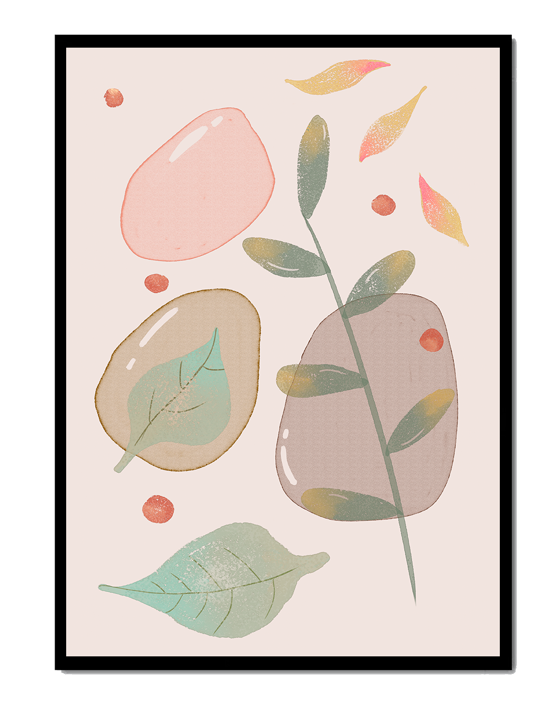 Abstract botanical illustration with pastel colored leaves and shapes