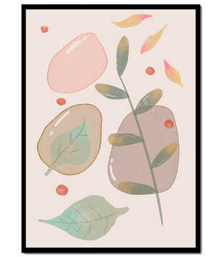 Abstract botanical illustration with pastel colored leaves and shapes