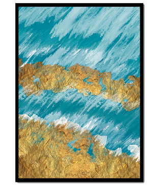 Pintura abstracta con textura dorada y fondo azul