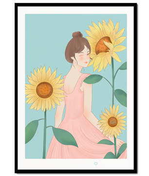 Ilustración de una mujer en un vestido rosa con girasoles