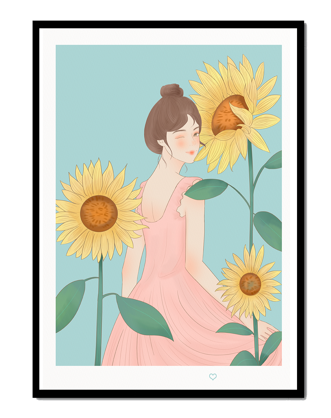 Illustration of a woman in a pink dress with sunflowers