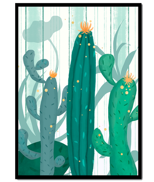 Colorful Cacti with Golden Elements on a Textured Background