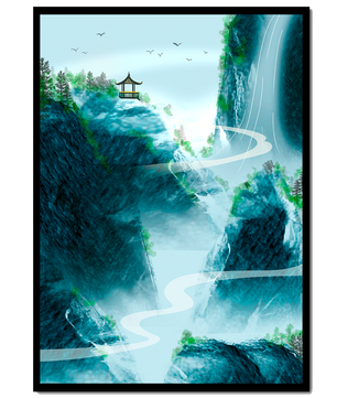 Serene mountain landscape with a pavilion and waterfall