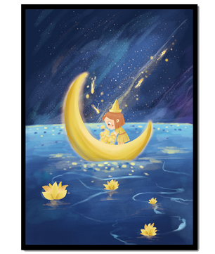Voyage nocturne magique avec une fille dans un bateau-lune doré