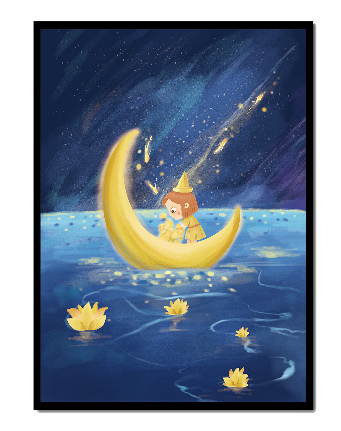 Magical Night Journey with Girl in Golden Moon Boat