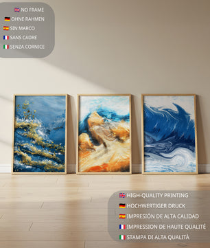Ensemble de peintures abstraites dans des tons bleus et dorés