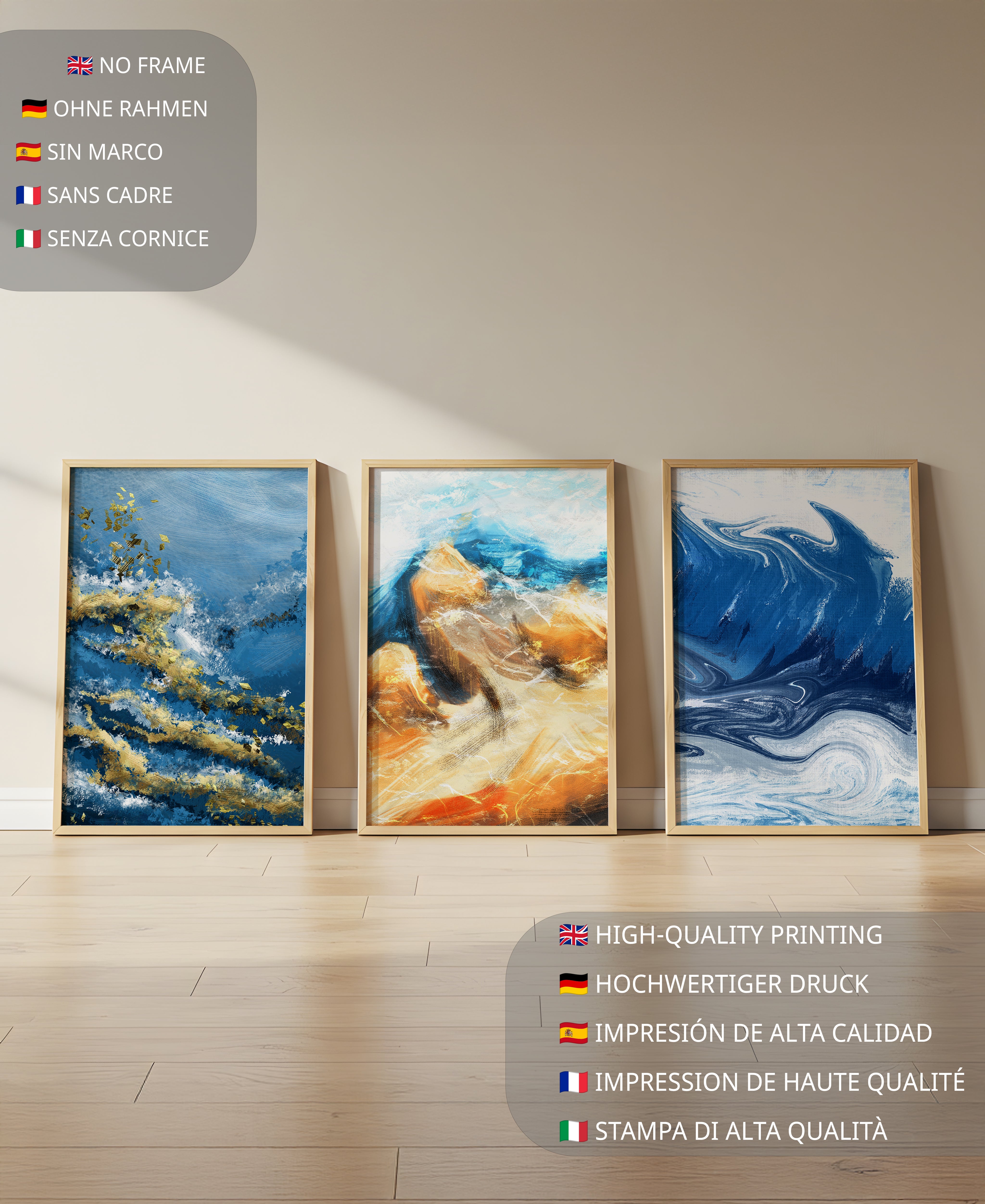 Conjunto de Pinturas Abstractas en Tonos Azules y Dorados