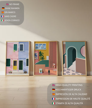 Ensemble de tableaux modernes avec architecture colorée
