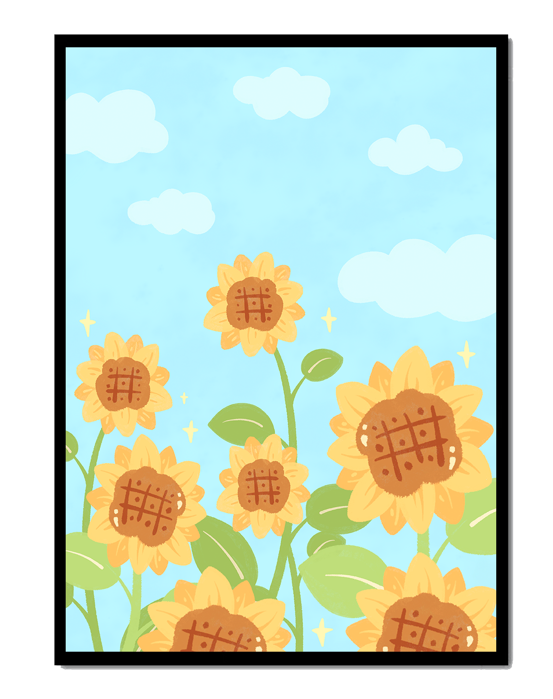 Sunflowers Under Blue Sky with Floating Clouds