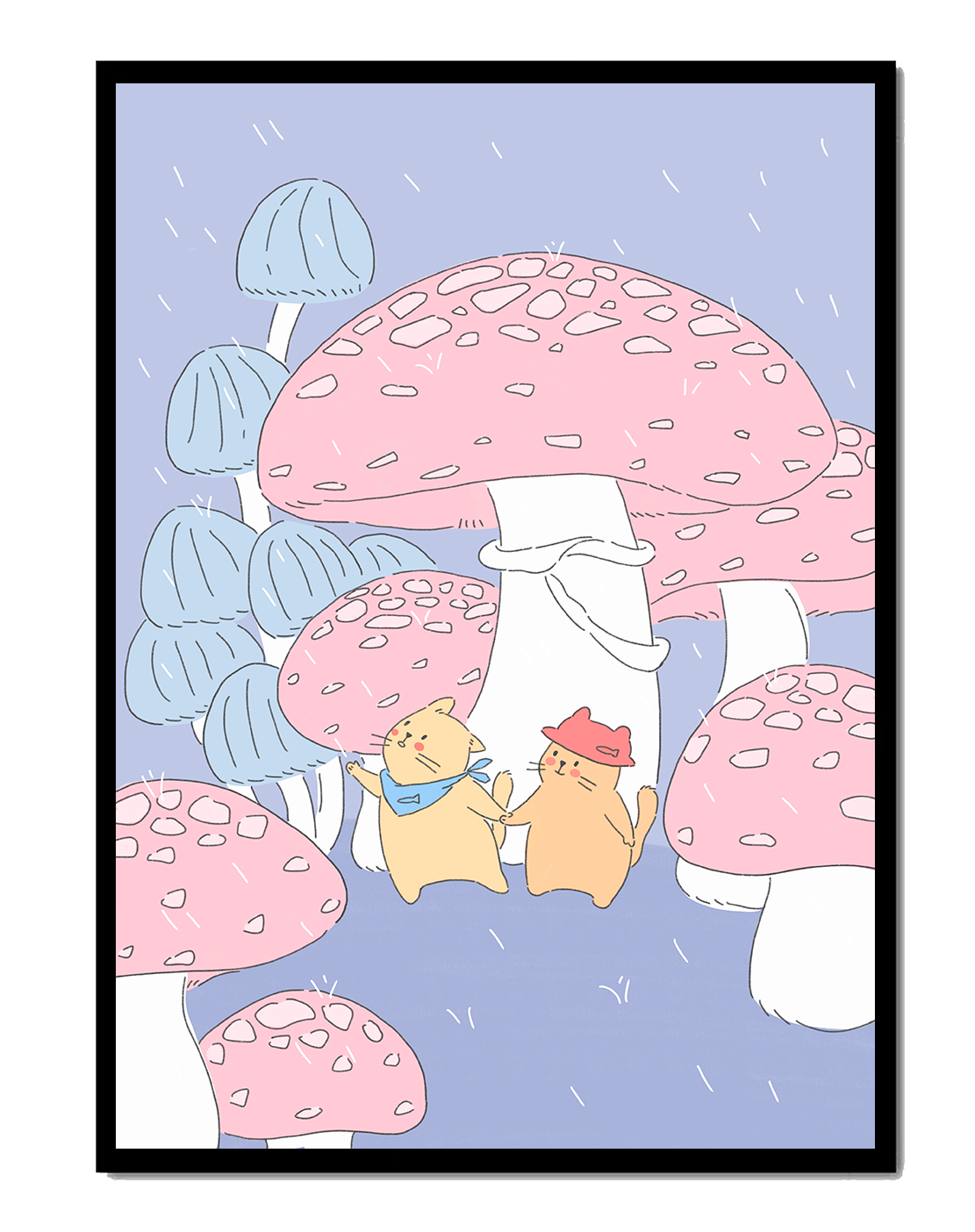 Charming illustration of cats among whimsical mushrooms