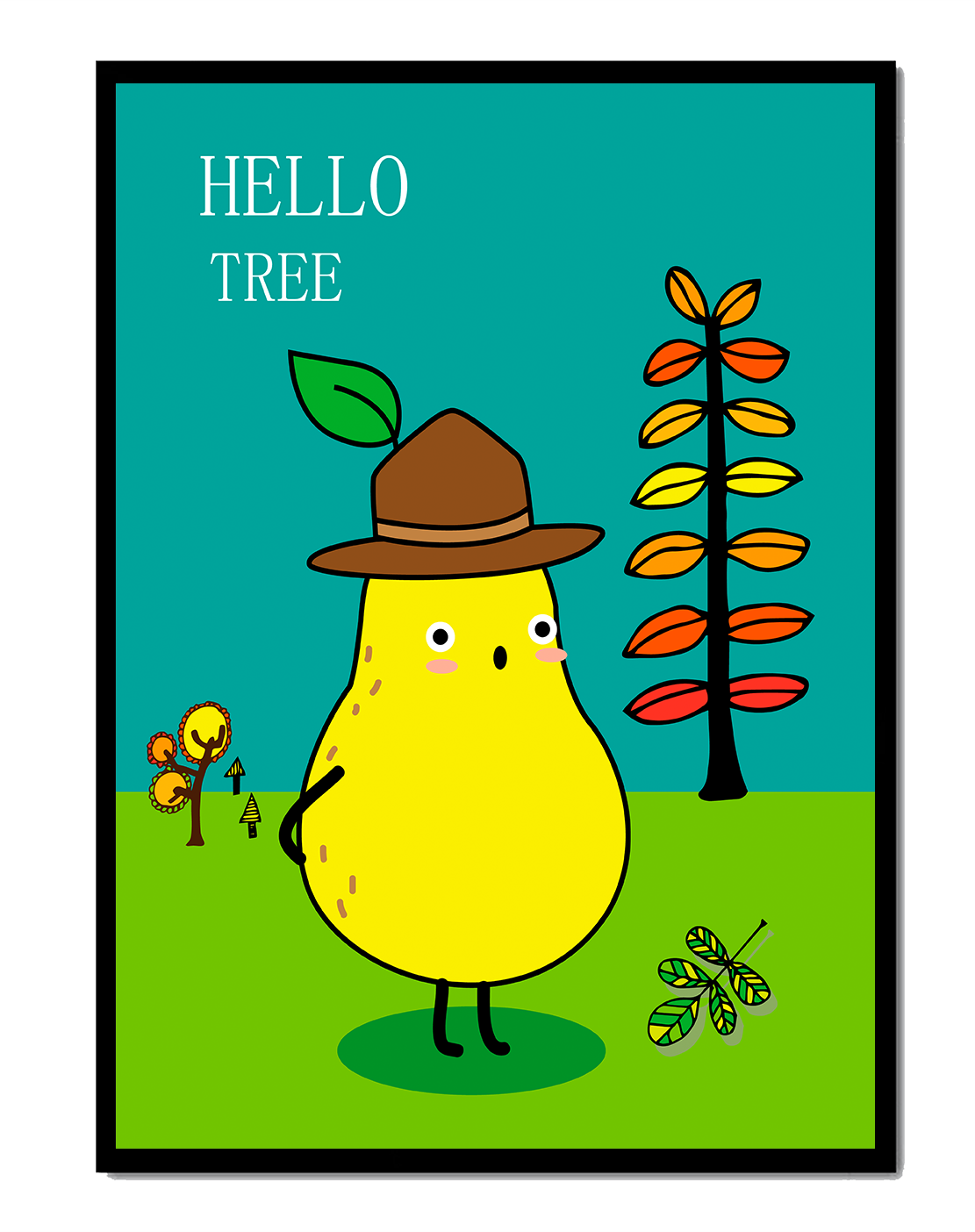 Friendly pear character in a whimsical nature setting with autumn tree