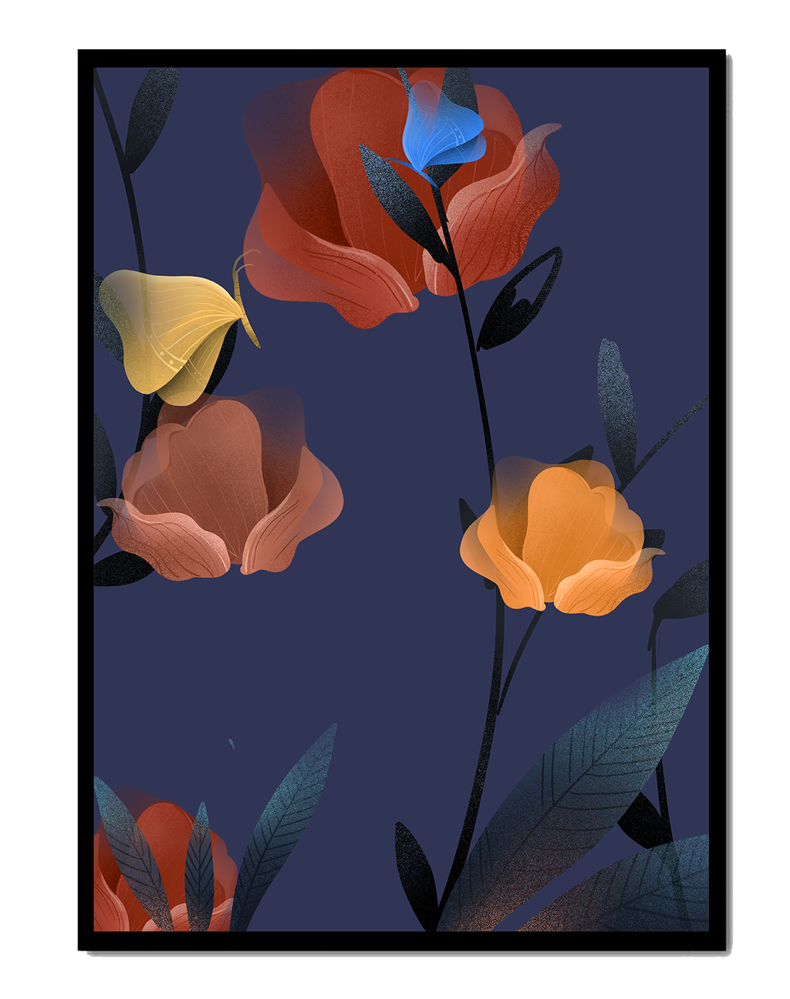 Abstract Floral Illustration with Colorful Flowers on Dark Background