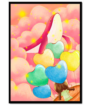 Globos con forma de corazón y ballena en una escena caprichosa y colorida