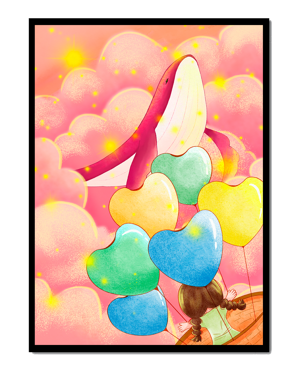 Heart-shaped balloons and whale in colorful whimsical scene