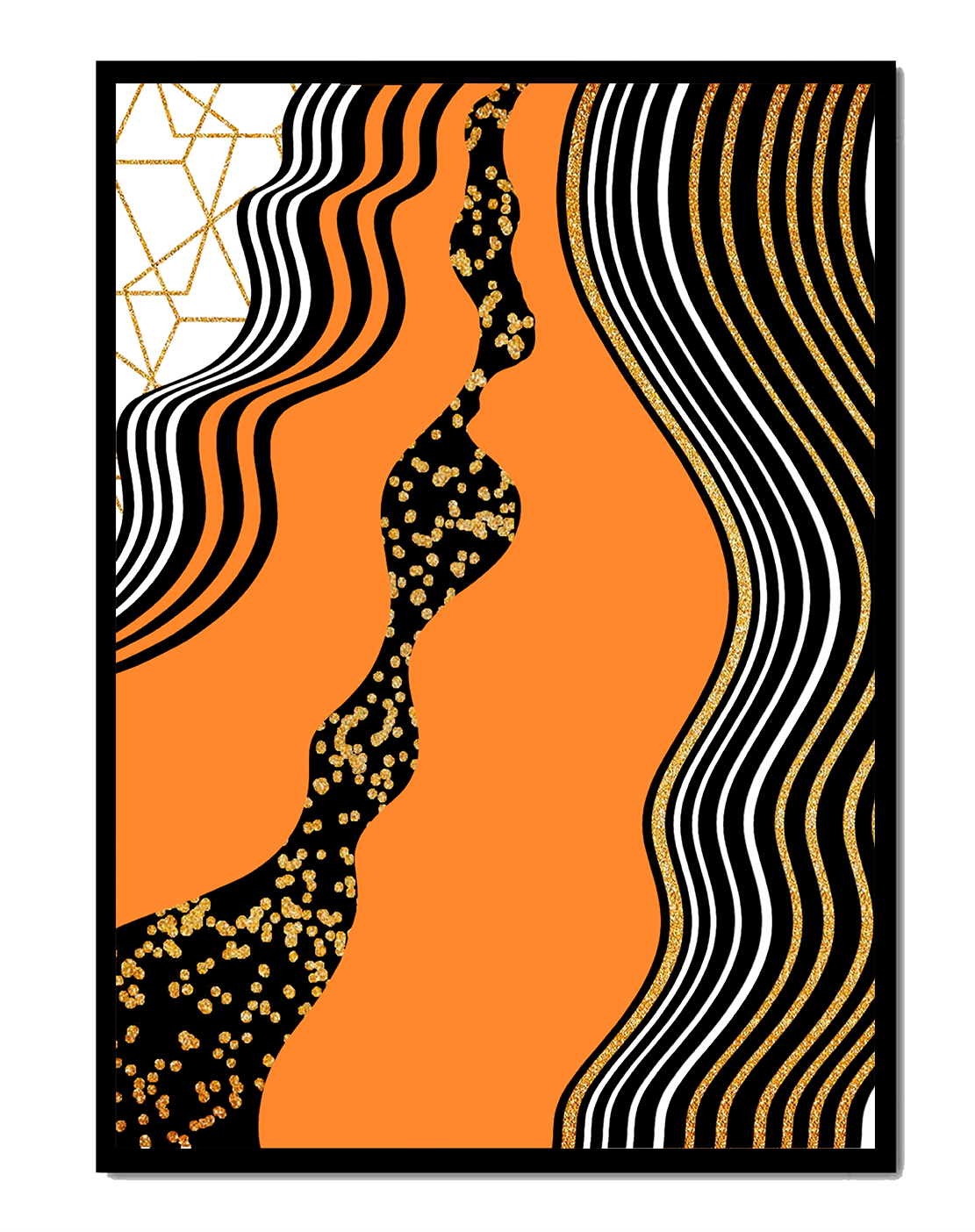 Artistic abstract design with wavy black lines and golden accents