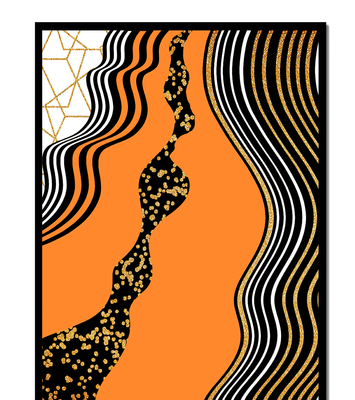 Artistic abstract design with wavy black lines and golden accents