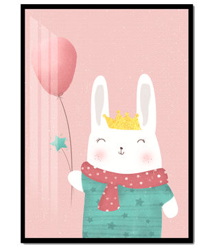 Ilustración adorable de un conejo con globo rosa y corona dorada