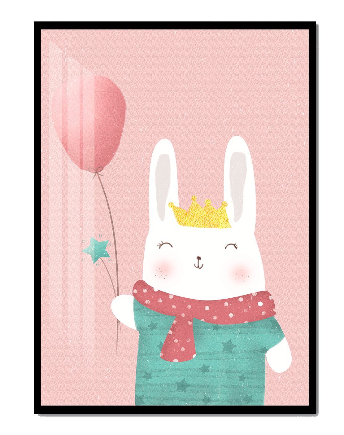 Adorable ilustración de conejito con globo rosa y corona dorada.