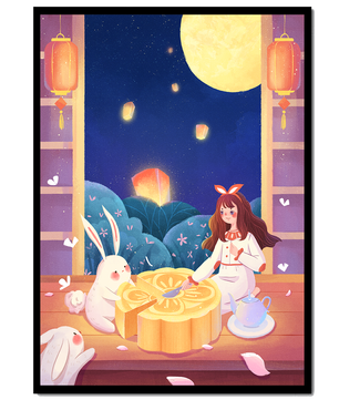 Moonlit Night with Lanterns and Tea Ceremony Featuring Rabbits and Mooncakes
