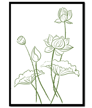 Ilustración de arte de línea verde de flores de loto con capullos