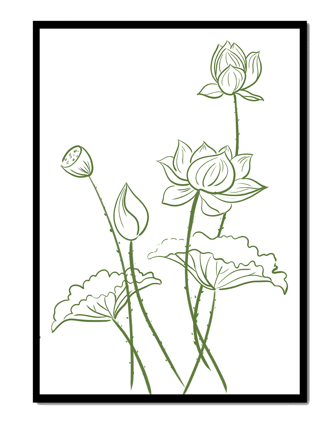 Ilustración de arte lineal verde de flores de loto con capullos