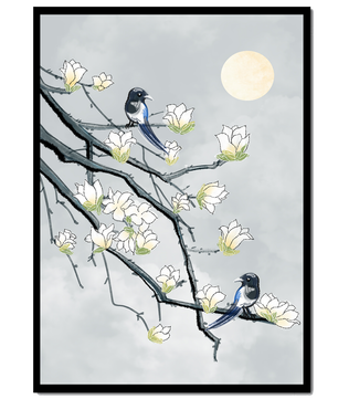 Magpies on Blooming Branches under Full Moon