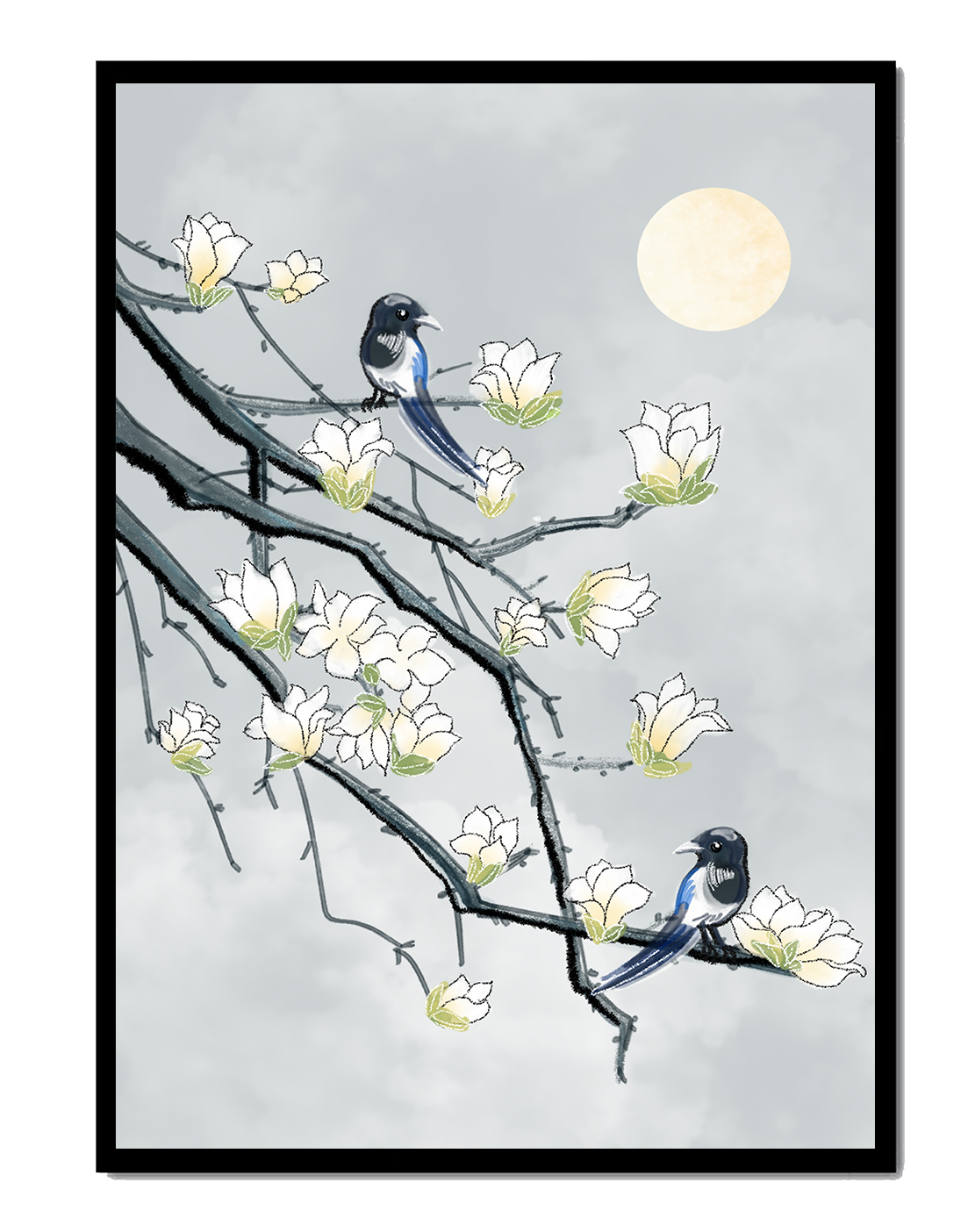 Magpies on Blooming Branches under Full Moon