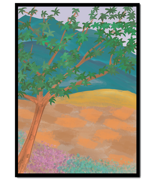 Paisaje pintoresco con árbol vibrante y fondo colorido