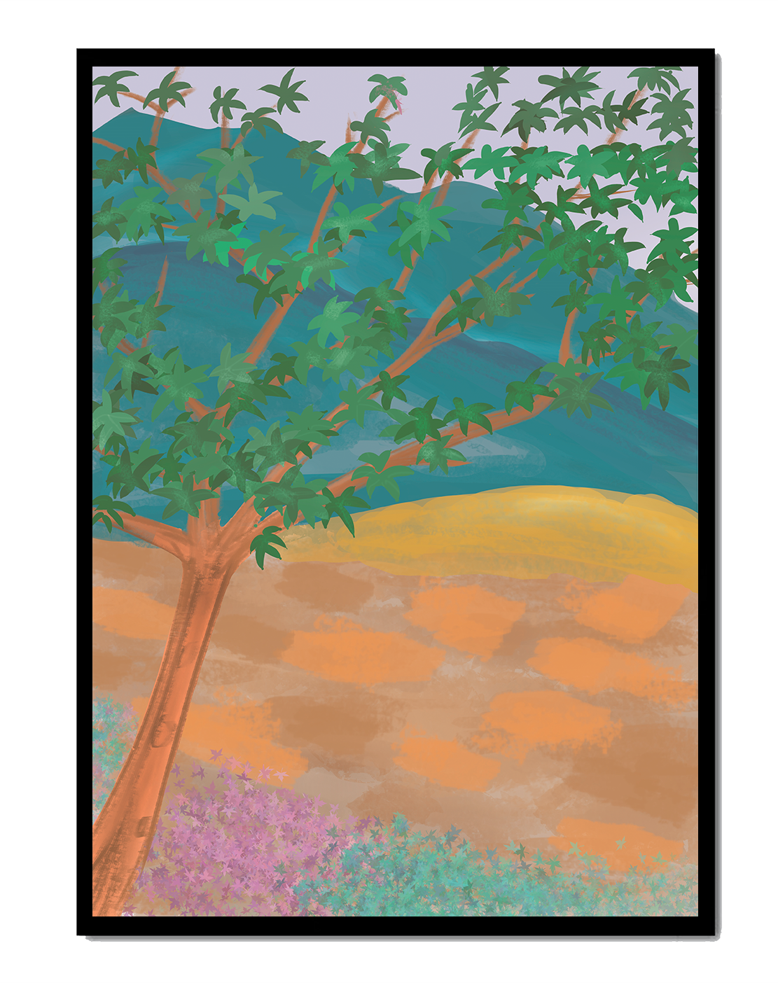 Paisaje pintoresco con árbol vibrante y fondo colorido